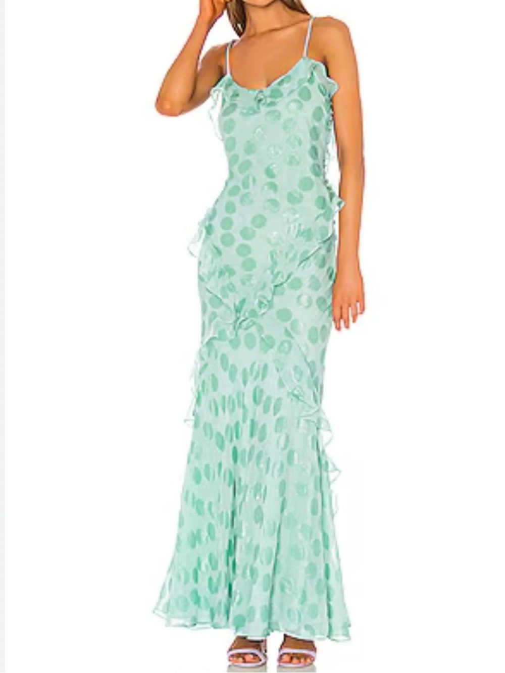 SALONI Tamara Ruffle Silk Gown in Mint Polka Dot